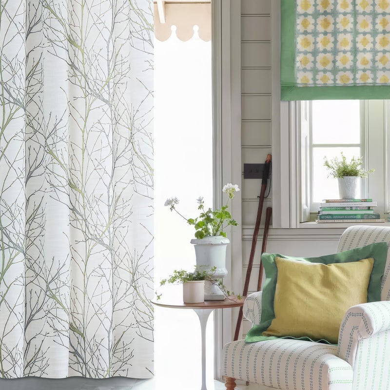 FMFUNCTEX Linen Semi Sheer Curtains for Bedroom, Sage Green White Curtains 72 Inches Long for Living Room, Grey Tree Branch PPrint Curtain Light Filtering Farmhouse Window Drapes, Grommet Top 2 Panels - Image 5